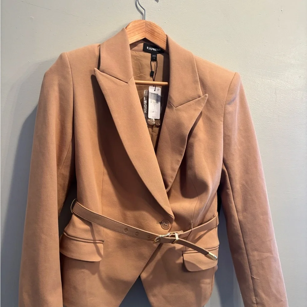 Express Tan blazer preppy double breasted office workwear neutral minimalist - Picture 11 of 16